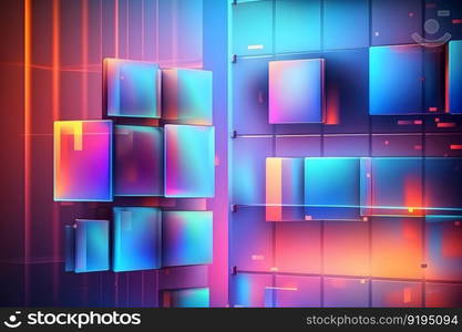 Abstract background with neon holographic square elements. Neural network AI generated art. Abstract background with neon holographic square elements. Neural network AI generated