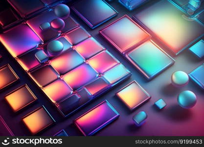 Abstract background with neon holographic square elements. Neural network AI generated art. Abstract background with neon holographic square elements. Neural network AI generated