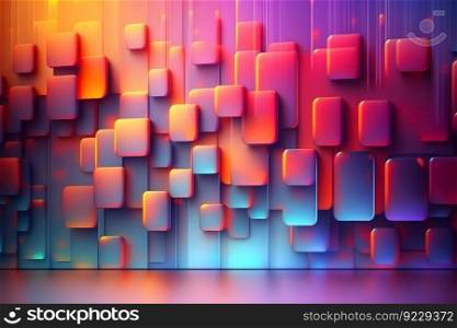Abstract background with neon holographic square elements. Neural network AI generated art. Abstract background with neon holographic square elements. Neural network AI generated