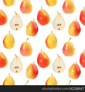 Abstract background with orange fresh pears. Isolated on white. Seamless pattern for your design. Close-up. Studio photography.