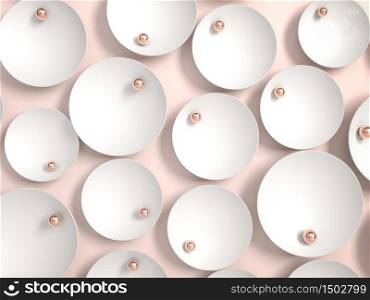 Abstract background with pink pearls and white disks or plates. 3D render. Background or mockup for cosmetics or fashion. Use for product identity, branding and presenting. Place your object or product on pedestal.. Abstract background with pink pearls and white disks or plates. 3D illustration. Background or mockup for cosmetics or fashion. Use for product identity, branding and presenting. Place your object or product on pedestal.