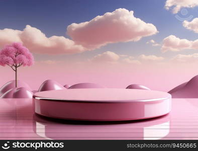 abstract background with pink podium and cloud minimal summer scene. scene for mockup product display. Beauty cosmetic product placement pedestal present. AI Generative