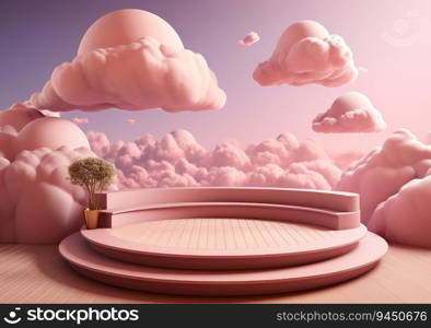 abstract background with pink podium and cloud minimal summer scene. scene for mockup product display. Beauty cosmetic product placement pedestal present. AI Generative