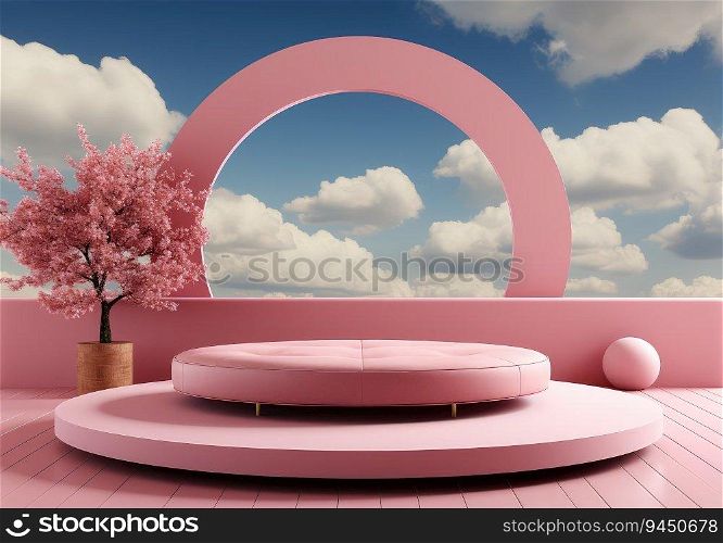 abstract background with pink podium and cloud minimal summer scene. scene for mockup product display. Beauty cosmetic product placement pedestal present. AI Generative