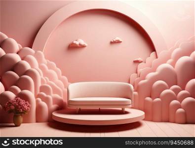 abstract background with pink podium and cloud minimal summer scene. scene for mockup product display. Beauty cosmetic product placement pedestal present. AI Generative