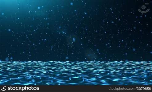 Abstract background with ray of light and particles falling and bouncing on water waves surface
