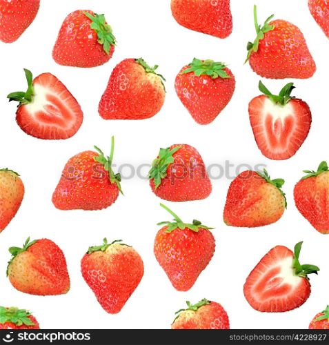 Abstract background with red fresh strawberryes. Isolated on white. Seamless pattern for your design. Close-up. Studio photography.