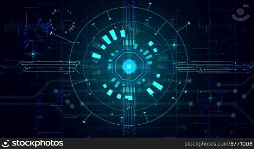 Abstract background with shapes, connections and a chip on a blue background. Artificial intelligence training concept, data transfer