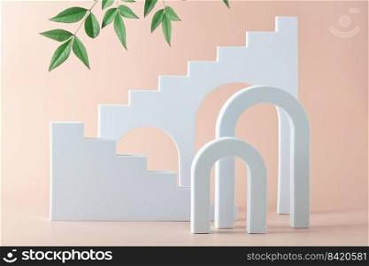 Abstract background with various geometrical forms arches and stairs and green leaves on pink background for product presentation. Podium to show cosmetic products.. Abstract background with various geometrical forms and podiums in pastel color for product presentation
