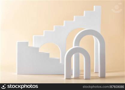 Abstract background with various geometrical forms arches and stairs on beige background for product presentation. Podium to show cosmetic products.. Abstract background with various geometrical forms and podiums in pastel color for product presentation