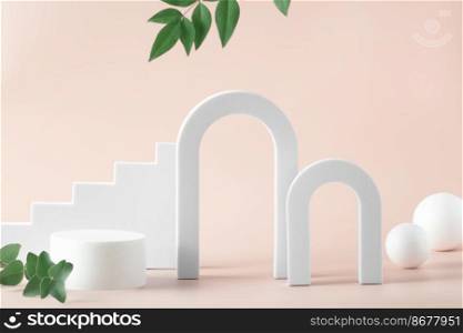 Abstract background with various geometrical forms arches , balls, cylinder and stairs and green leaves on pink background for product presentation. Podium to show cosmetic products.. Abstract background with various geometrical forms and podiums in pastel color for product presentation