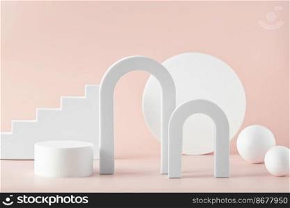 Abstract background with various geometrical forms arches, balls, cylinder and stairs on pink background for product presentation. Podium to show cosmetic products.. Abstract background with various geometrical forms and podiums in pastel color for product presentation
