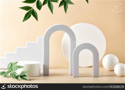 Abstract background with various geometrical forms arches , balls, cylinders and stairs and green leaves on beige background for product presentation. Podium to show cosmetic products.. Abstract background with various geometrical forms and podiums in pastel color for product presentation