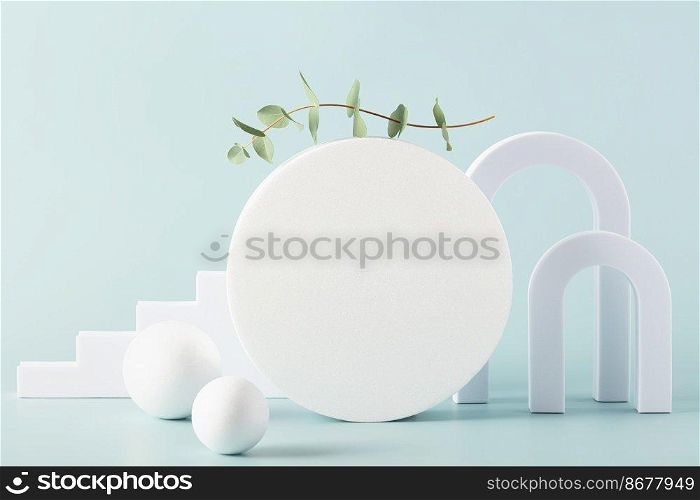 Abstract background with various geometrical forms arches, balls, cylinders and stairs and leaves on pastel green background for product presentation. Podium to show cosmetic products.. Abstract background with various geometrical forms and podiums in pastel color for product presentation