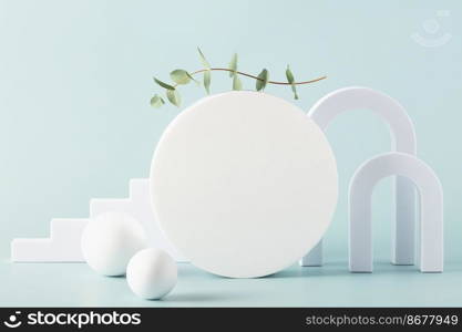 Abstract background with various geometrical forms arches, balls, cylinders and stairs and leaves on pastel green background for product presentation. Podium to show cosmetic products.. Abstract background with various geometrical forms and podiums in pastel color for product presentation