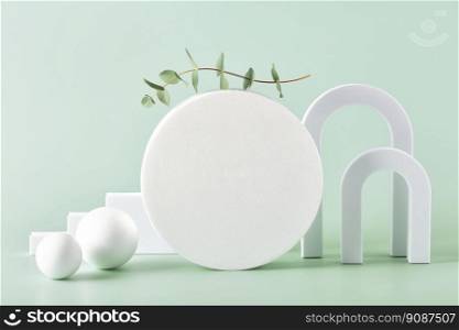 Abstract background with various geometrical forms arches, balls, cylinders and stairs and leaves on pastel green background for product presentation. Podium to show cosmetic products.. Abstract background with various geometrical forms and podiums in pastel color for product presentation