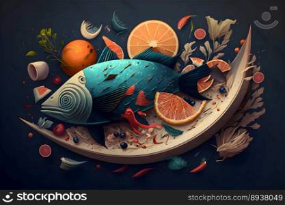 Abstract Baked fish with vegetables on a plate. Fish food and seafood icon illustration design. Generative AI