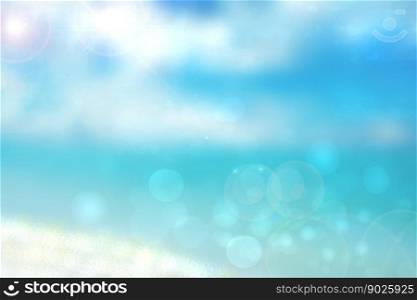 Abstract beach background. Abstract bright tropical sand beach with sun and blue cloudy sky and waves on ocean