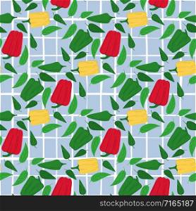 Abstract bell pepper seamless pattern on striped background. Pepper hand drawn wallpaper. Creative design for fabric, textile print, wrapping paper, textile. Vector illustration. Abstract bell pepper seamless pattern on striped background.