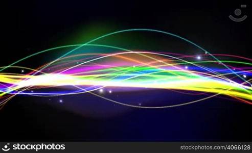 Abstract bending colorful lines with flying particles loop