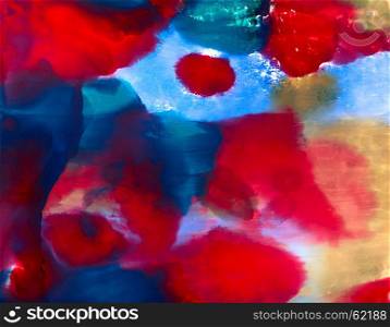 Abstract big red spots on blue.Colorful background hand drawn with bright inks and watercolor paints. Color splashes and splatters create uneven artistic modern design.
