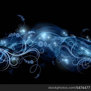 Abstract black and blue background with floral design