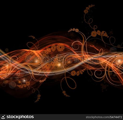 Abstract black and orange background with floral design