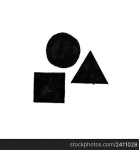 abstract black and white geometrical composition with separate circle, triangle and square hand drawn with black paint on white paper