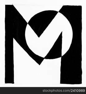 abstract black and white graphic composition with letter M hand drawn with black paint on white paper