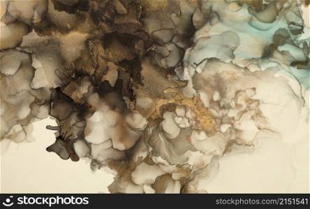Abstract black, brown and gold glitter color horizontal background. Marble watercolor texture. Alcohol ink colors.