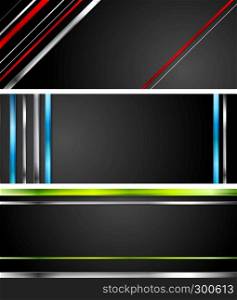 Abstract black tech banners with bright metallic stripes. Abstract black tech banners with stripes