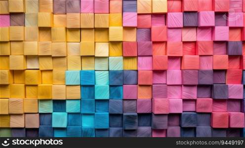 Abstract block stack wooden 3d cubes, colorful wood texture for backdrop. Ge≠rative AI. Abstract block stack wooden 3d cubes, colorful wood texture for backdrop