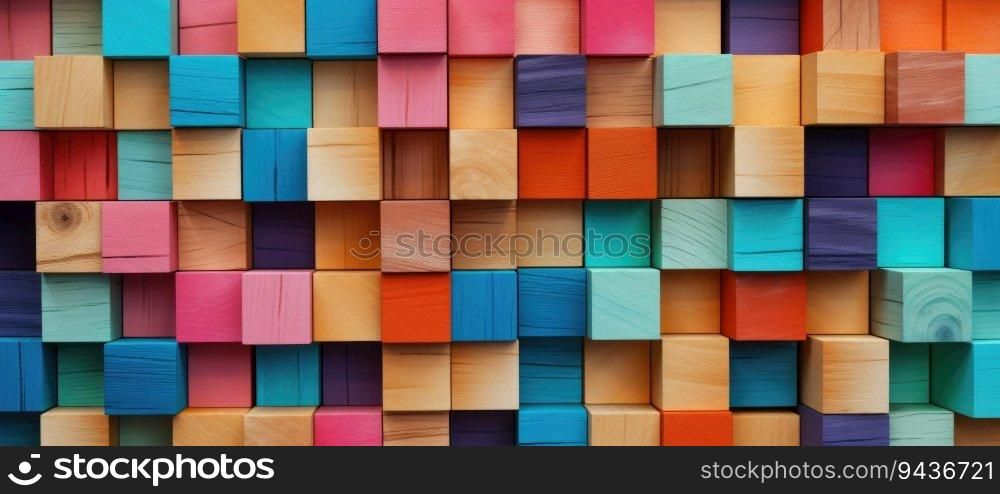 Abstract block stack wooden 3d cubes, colorful wood texture for backdrop. Generative AI. Abstract block stack wooden 3d cubes, colorful wood texture for backdrop