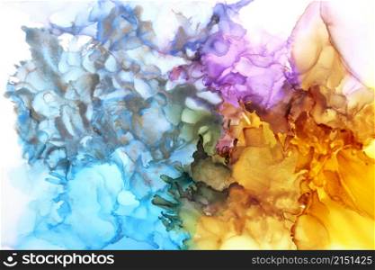 Abstract blue and gold yellow glitter color horizontal background. Marble texture. Alcohol ink.