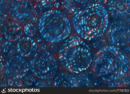 Abstract blue and red background. Grunge texture with scratches, dots and lines, with circles and white spots. Brush imprint, flower buds, body cell. Medicine, biology, chemistry. Hand drawn.. Abstract blue and red background.