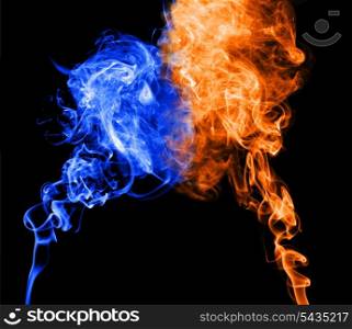 Abstract blue and red smoke puff join into heart shape, symbol of cold and warm character of love.