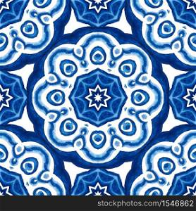 Abstract blue and white hand drawn medallion damask tile seamless ornamental watercolor paint pattern. Elegant luxury texture for fabric and wallpapers, backgrounds and page fill.. Abstract seamless ornamental watercolor damask arabesque paint tile pattern