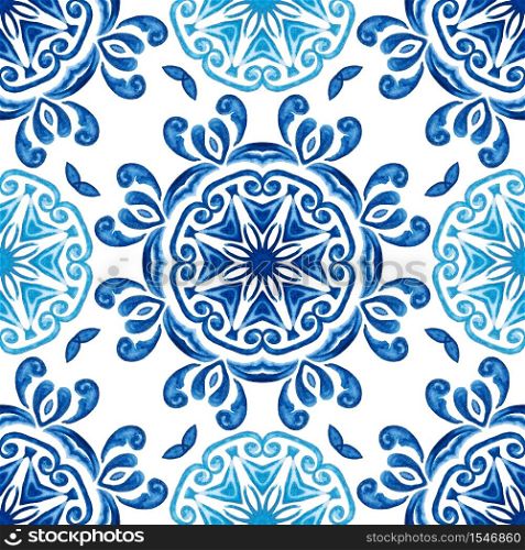 Abstract blue and white hand drawn textured tile seamless ornamental watercolor pattern. Elegant old fashioned texture for fabric and wallpapers, backgrounds and page fill. Azulejo tile design style. Seamless pattern handdrawn watercolor ornament blue and white with floral elements