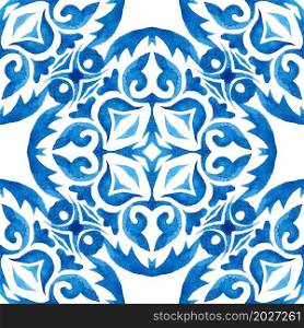 Abstract blue and white hand drawn textured tile seamless ornamental watercolor pattern. Elegant old fashioned texture for fabric and wallpapers, backgrounds and page fill. Azulejo tile design style. Blue seamless ornamental watercolor pattern hand drawn graphic for ceramic tile