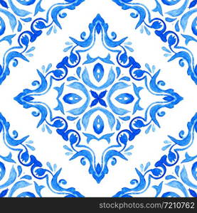 Abstract blue and white hand drawn textured tile seamless ornamental watercolor pattern. Elegant old fashioned texture for fabric and wallpapers, backgrounds and page fill. Azulejo tile design style. Vintage damask watercolor seamless ornamental arabesque paint tile design pattern for fabric