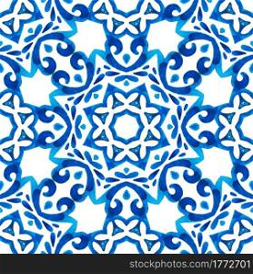 Abstract blue and white hand drawn tile seamless ornamental watercolor paint pattern. Arabic geometric print, east culture, indian style, arabesque, persian motif. Abstract blue and white hand drawn tile seamless ornamental watercolor paint pattern.