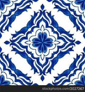 Abstract blue and white hand drawn tile seamless ornamental watercolor paint pattern. Blue and wihte azulejo portuguese decorative mosaic element.. . Seamless patchwork from Portuguese and Spain decor in blue, white.