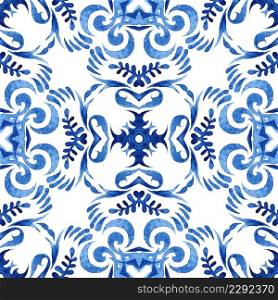 Abstract blue and white hand drawn tile seamless ornamental watercolor paint pattern. Azulejo portuguese style in indigo blue color. Abstract blue and white hand drawn tile seamless ornamental watercolor paint pattern.