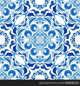 Abstract blue and white hand drawn tile seamless ornamental watercolor paint pattern. Christian pattern with cross symbol. Christian pattern with cross symbol