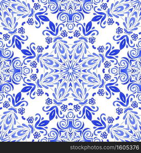 Abstract blue and white hand drawn tile seamless ornamental watercolor paint pattern. Snowflake winter decotating. Royal luxury vintage damask floral design. Watercolor tile