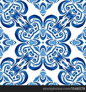 Abstract blue and white hand drawn watercolor tile seamless ornamental pattern. Elegant luxury texture for fabric and wallpapers. Vintage damask floral seamless ornamental watercolor arabesque paint tile design pattern for fabric