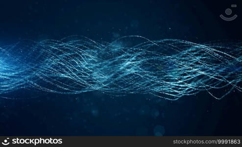 Abstract blue color digital particles line wave with bokeh and light background   