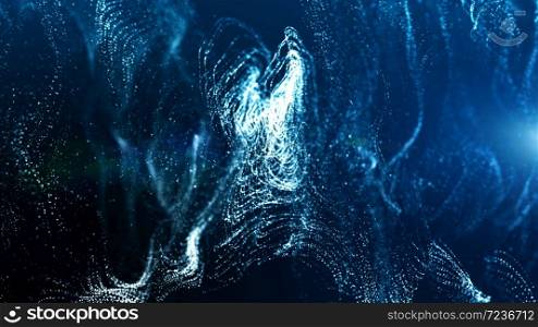 Abstract blue color digital particles wave flow. Technology background concept