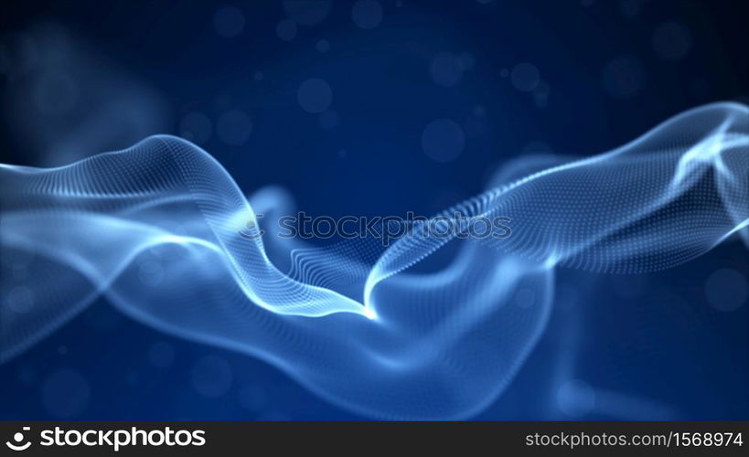 Abstract blue color digital particles wave with bokeh and light background