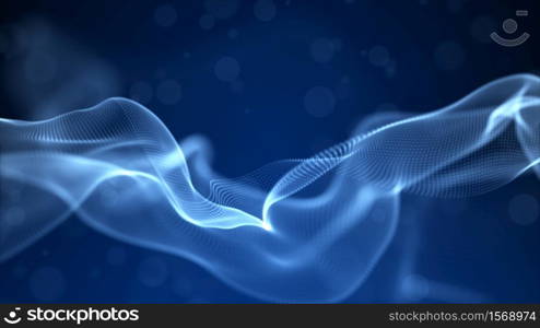 Abstract blue color digital particles wave with bokeh and light background